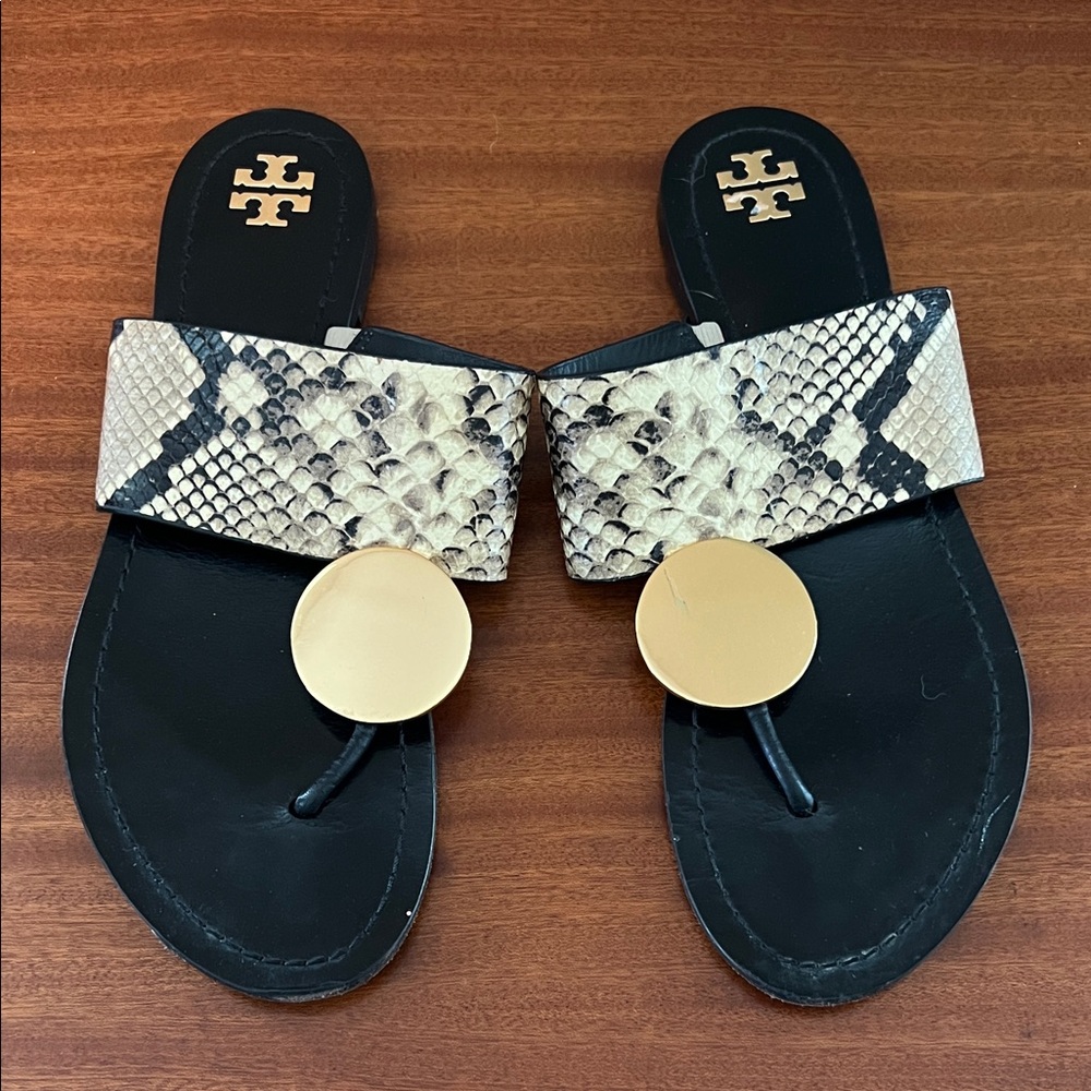 Tory Burch Black and Tan Snakskin & Gold Sandals Size 10
